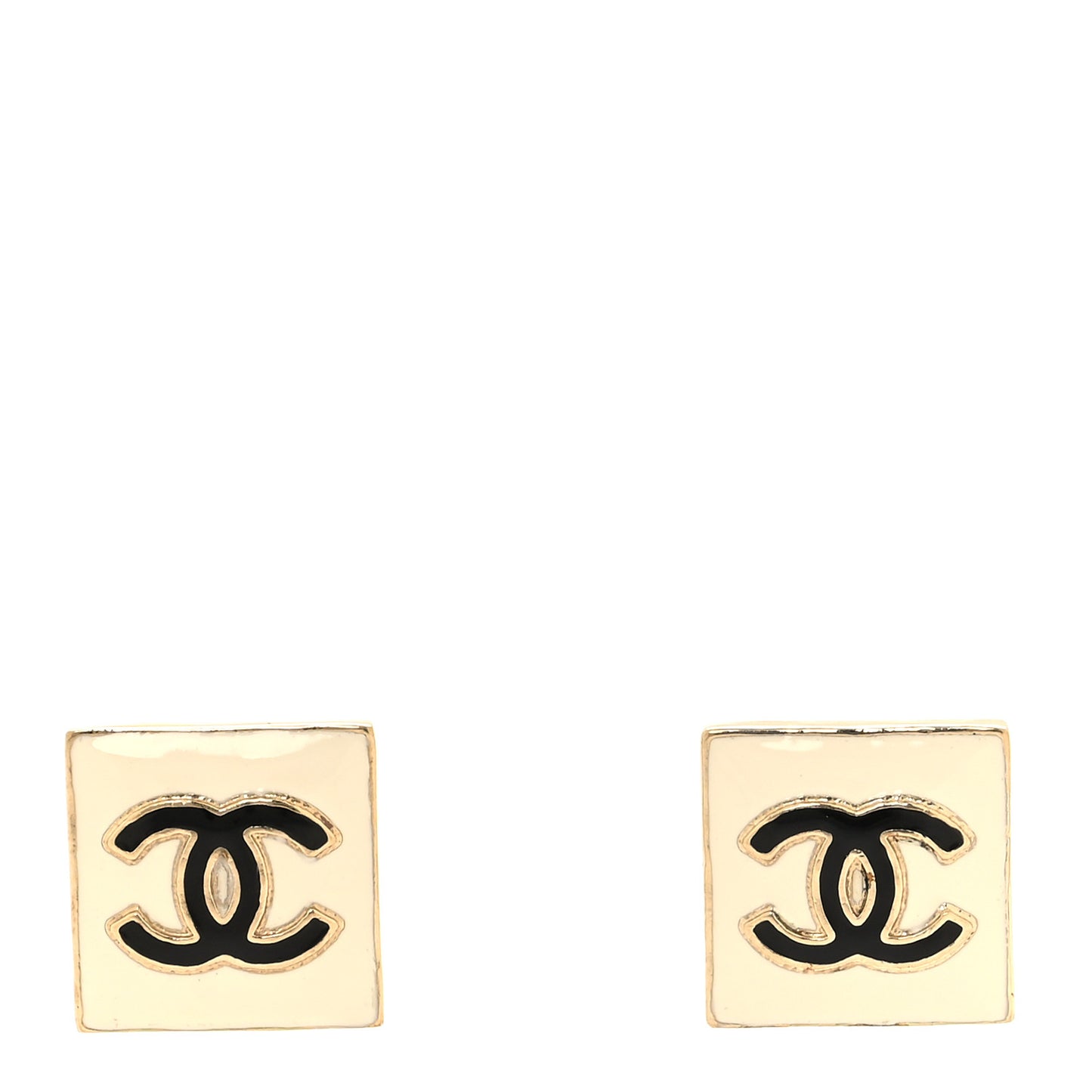 Metal Enamel CC Square Earrings Gold White Black