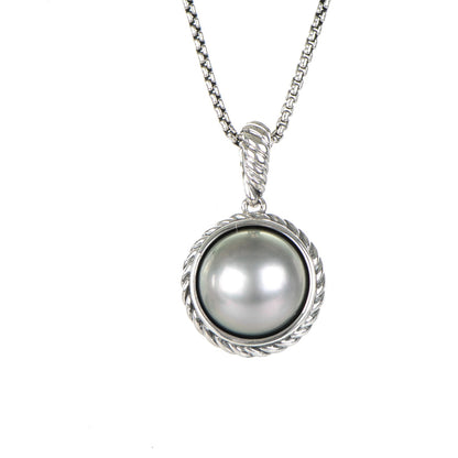 David Yurman Sterling Silver Pearl 11mm Cable Pendant Necklace 3 of 5
