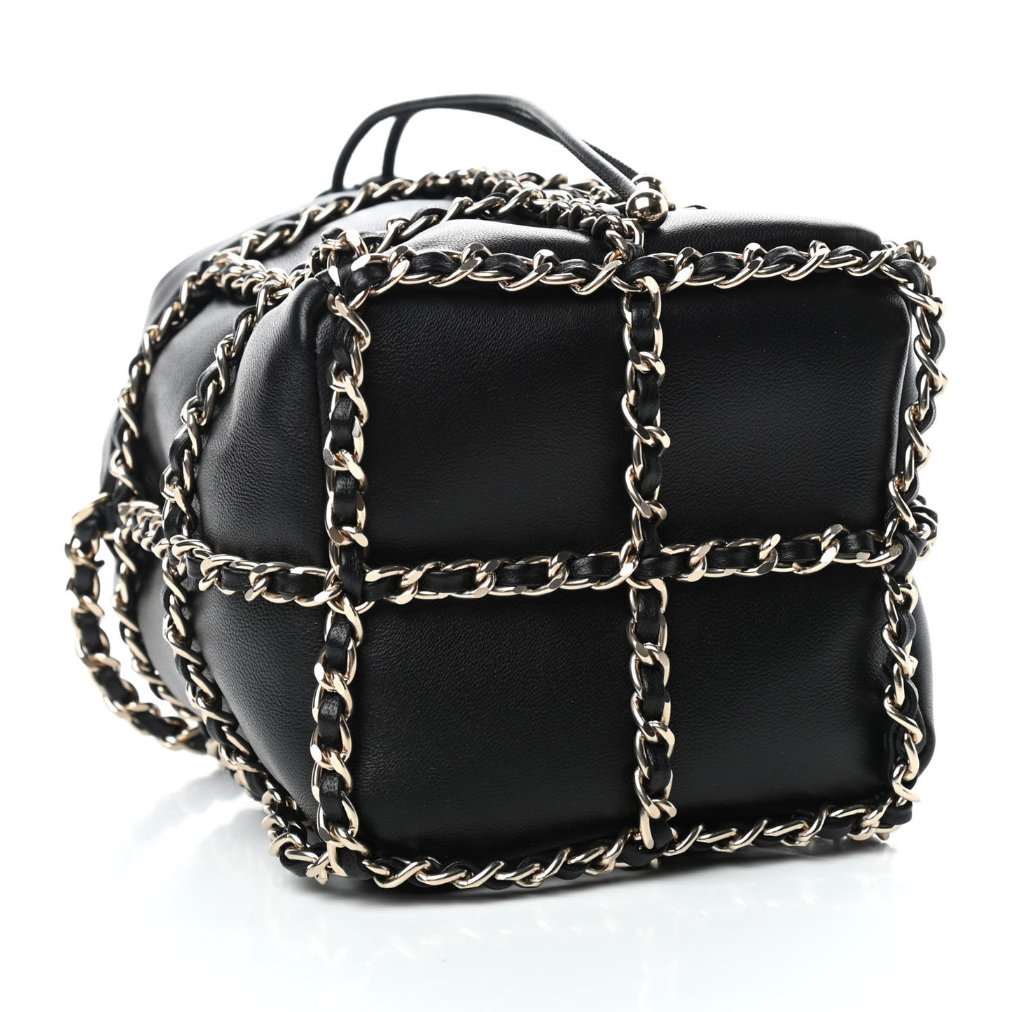 Lambskin Bucket Chain Drawstring Bag Black