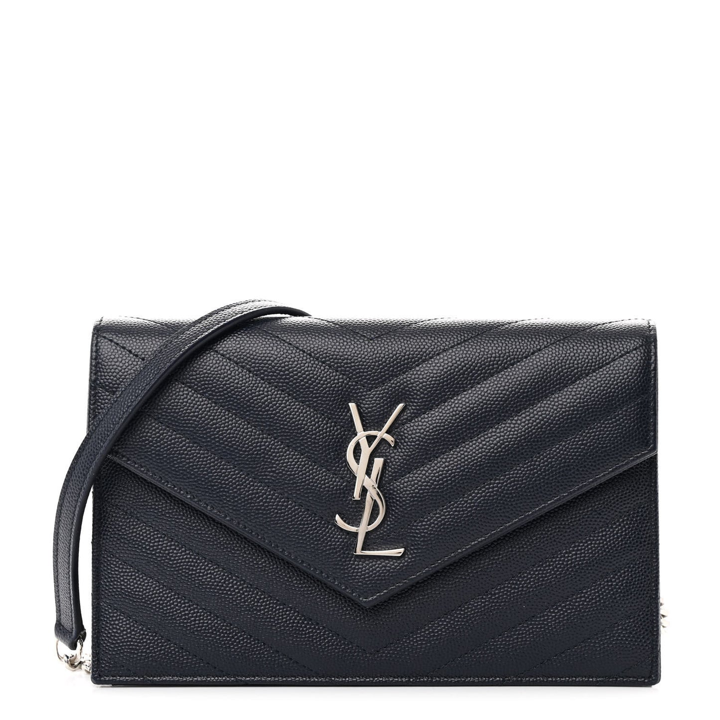 Grain De Poudre Matelasse Chevron Monogram Envelope Chain Wallet Navy