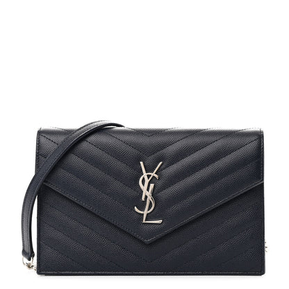 Saint Laurent Grain De Poudre Matelasse Chevron Monogram Envelope Chain Wallet Navy 1 of 12
