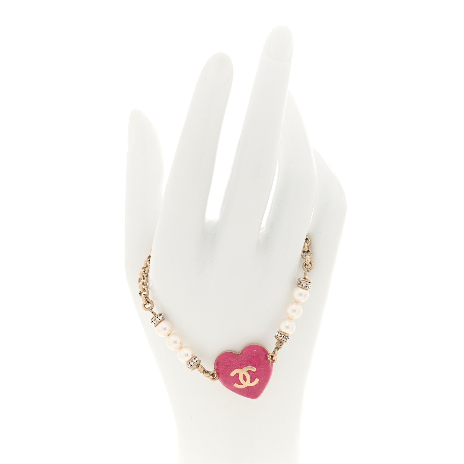 Chanel Resin Crystal Pearl Chain Heart CC Bracelet Pink White Gold 2 of 6