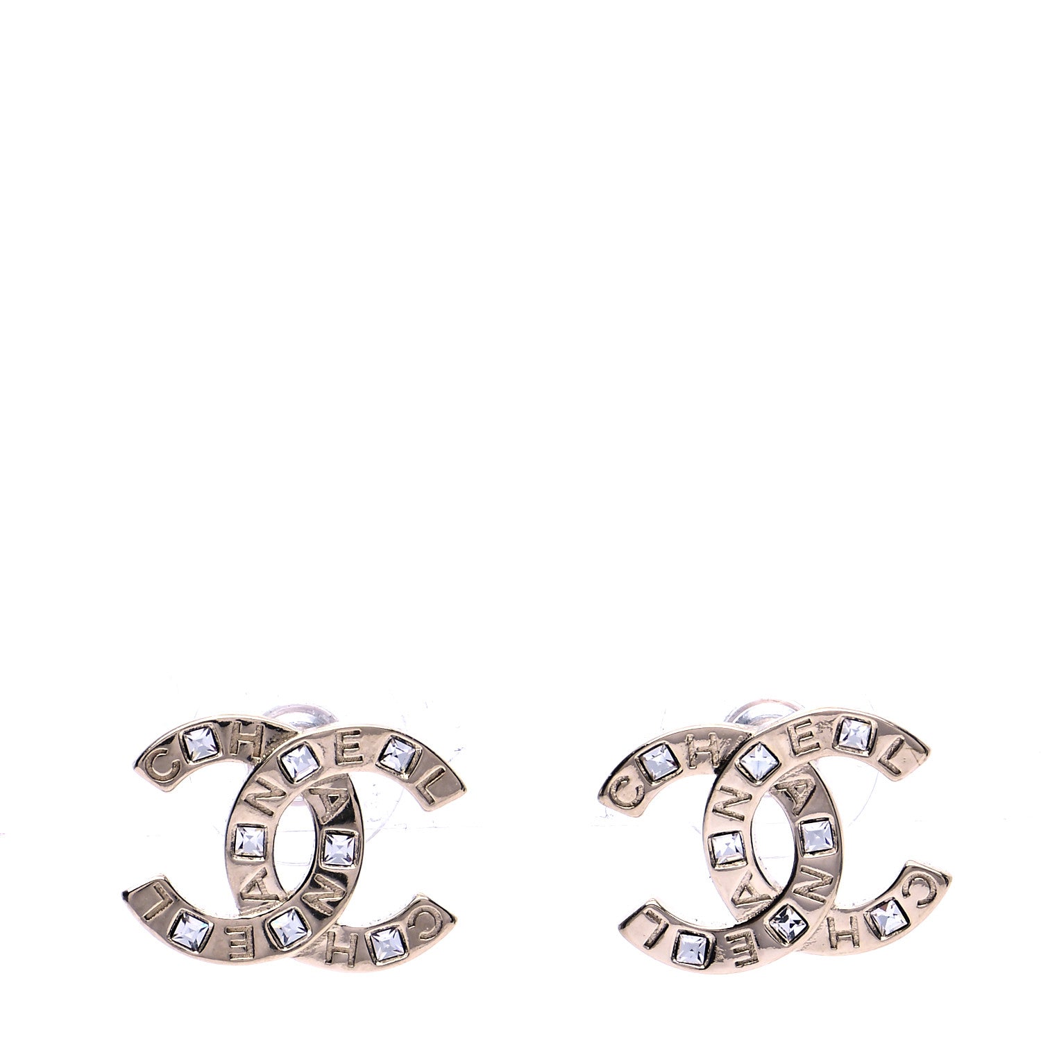 Chanel Crystal Metal CC Paris Button Stud Earrings Gold 1 of 5