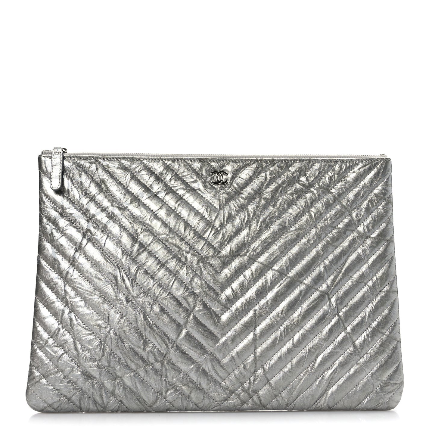 Metallic Crumpled Calfskin Chevron Quilted Large Cosmetic Case Silver