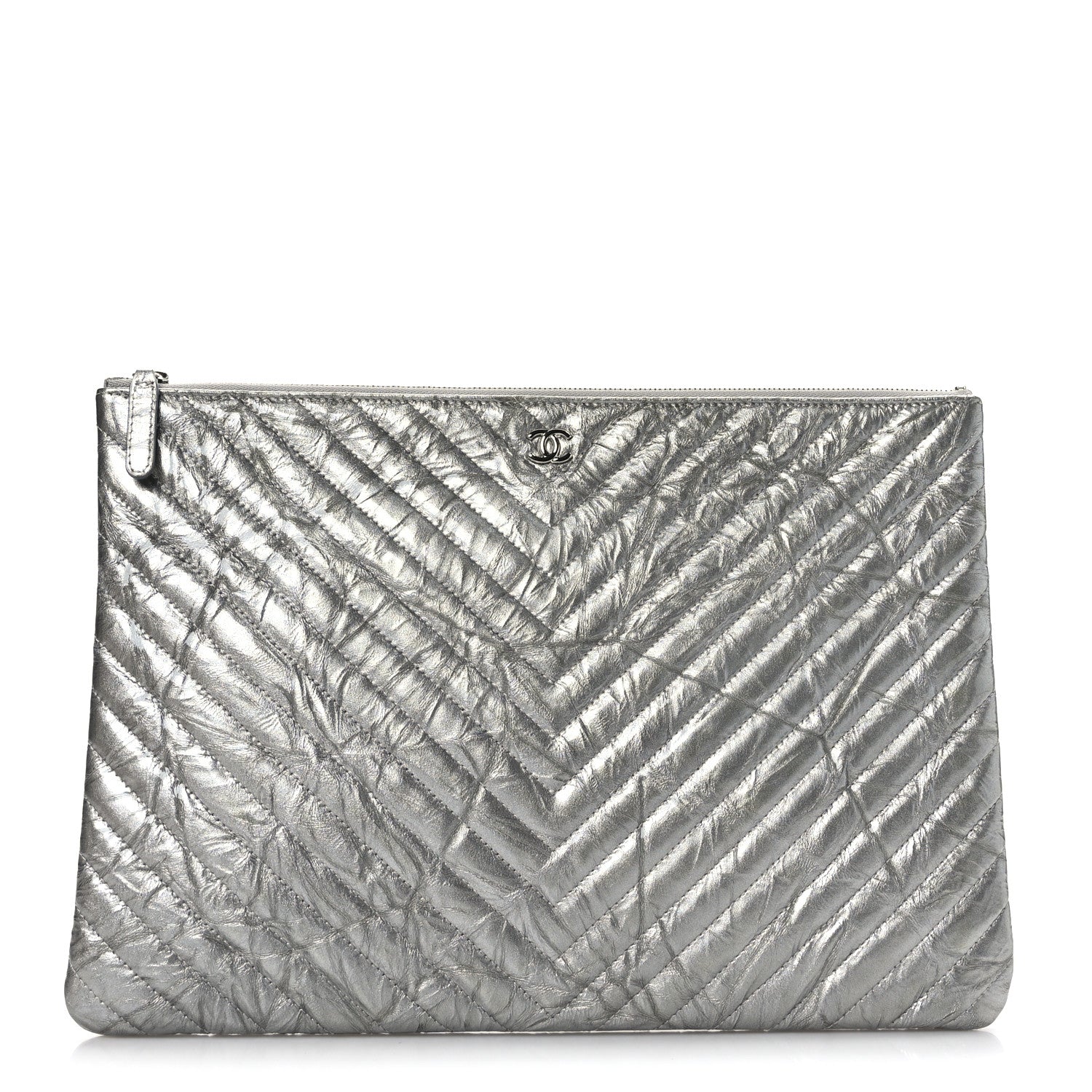 Chanel Metallic Crumpled Calfskin Chevron Quilted Large Cosmetic Case Silver 1 of 9