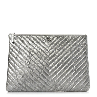 Chanel Metallic Crumpled Calfskin Chevron Quilted Large Cosmetic Case Silver 1 of 9