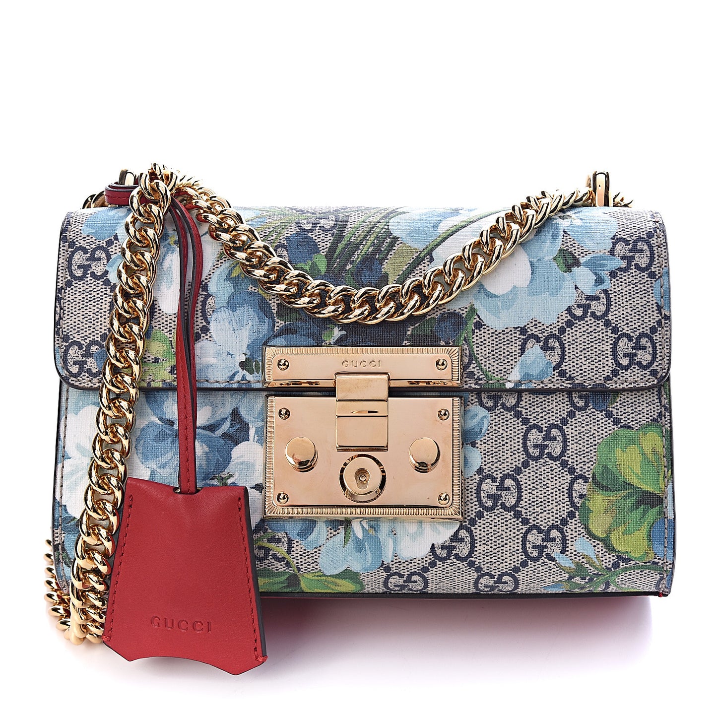 GG Supreme Monogram Blooms Small Padlock Shoulder Bag Beige Blue Navy Hibiscus Red