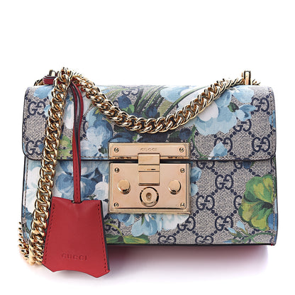 Gucci GG Supreme Monogram Blooms Small Padlock Shoulder Bag Beige Blue Navy Hibiscus Red 1 of 10