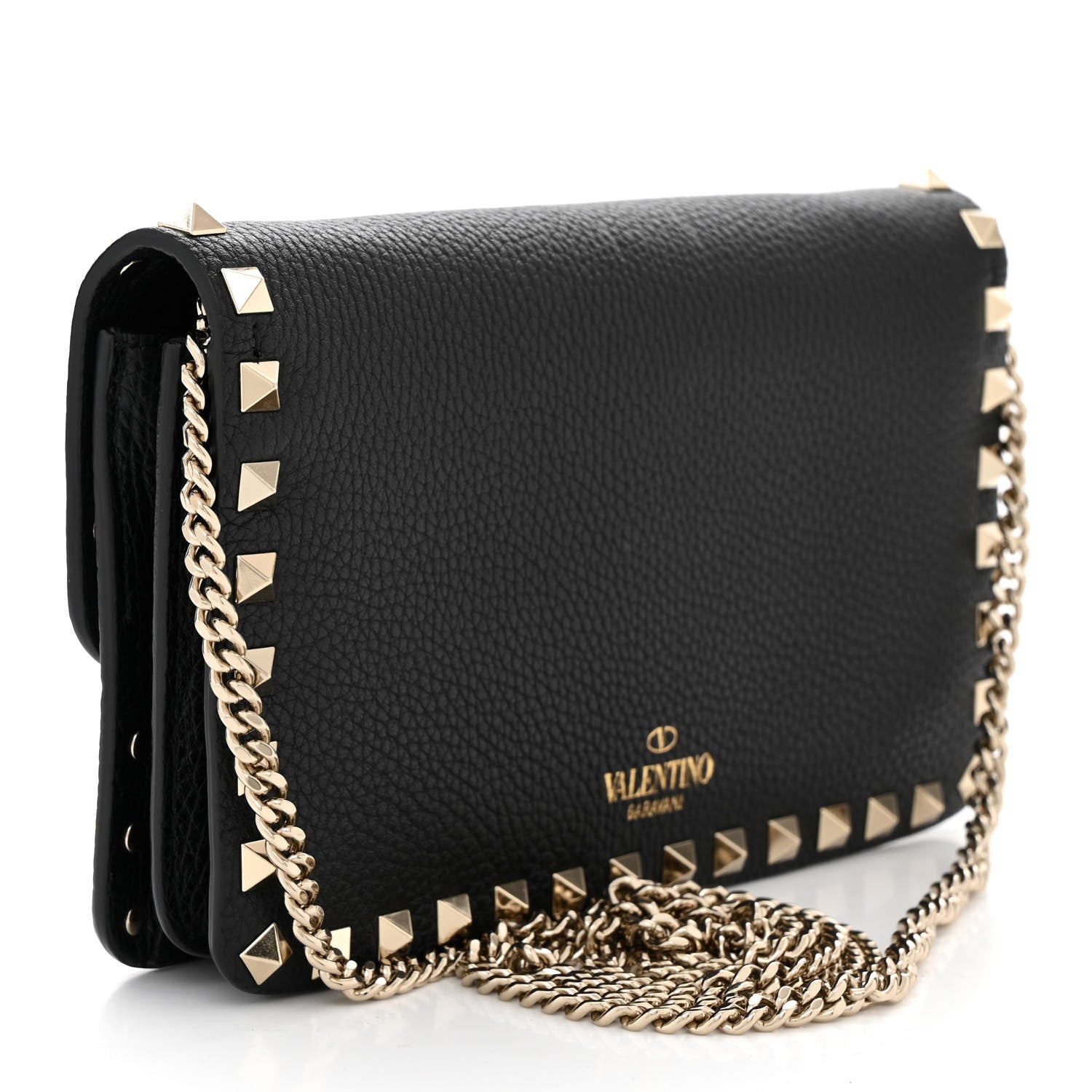 Valentino Garavani Pebbled Calfskin Rockstud Flap Wallet On Chain Black 3 of 9