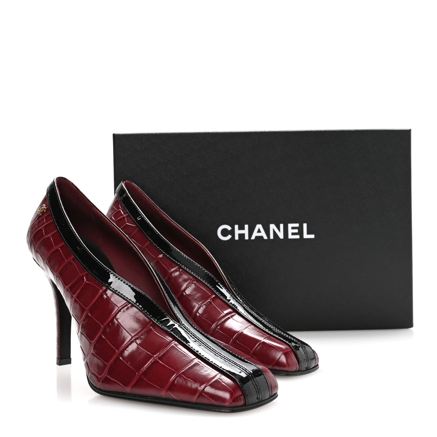Chanel Crocodile Embossed Patent Calfskin Pumps 39 Burgundy Black 9 of 9