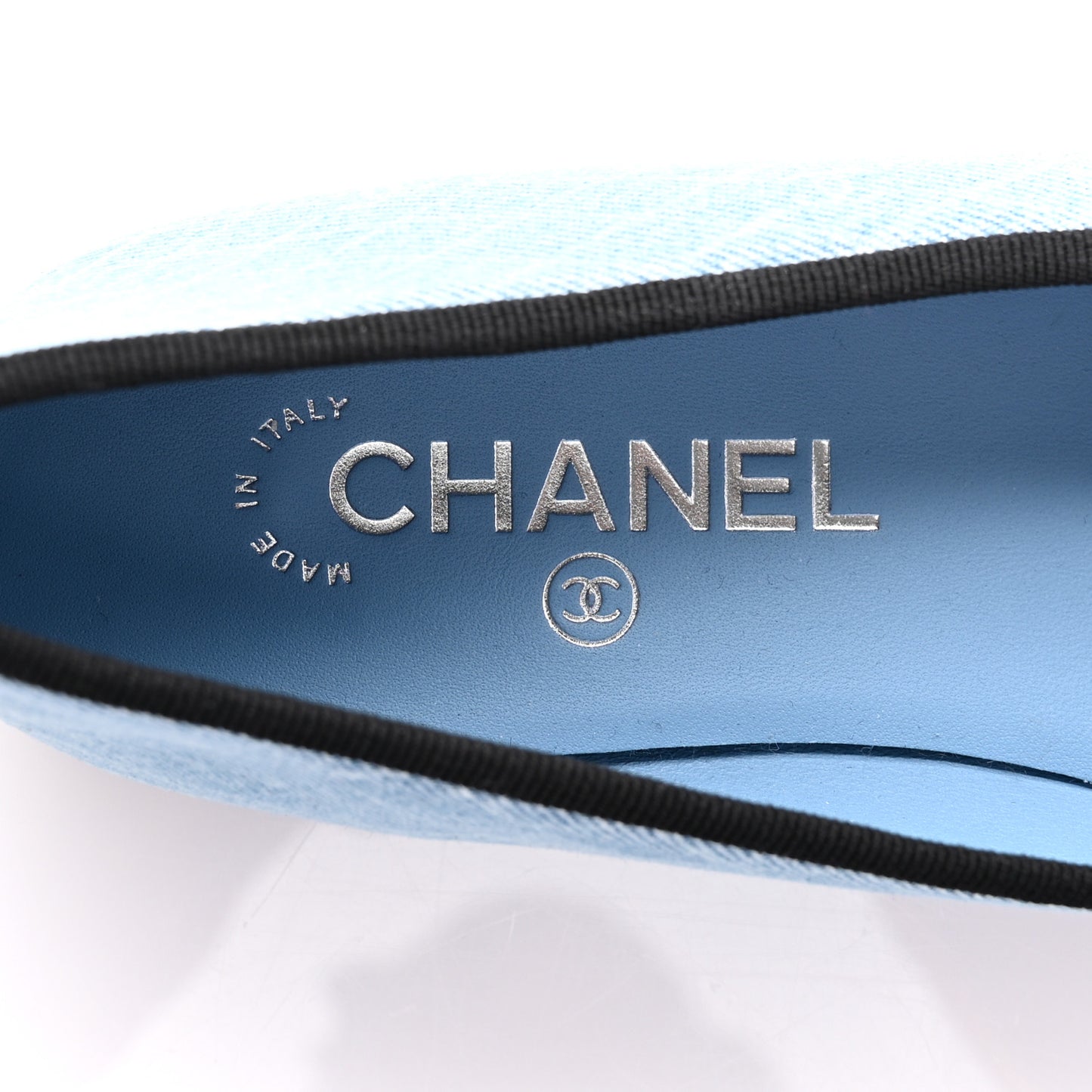 Denim Printed Quilt CC Cap Toe Ballerina Flats 36 Light Blue Dark Grey