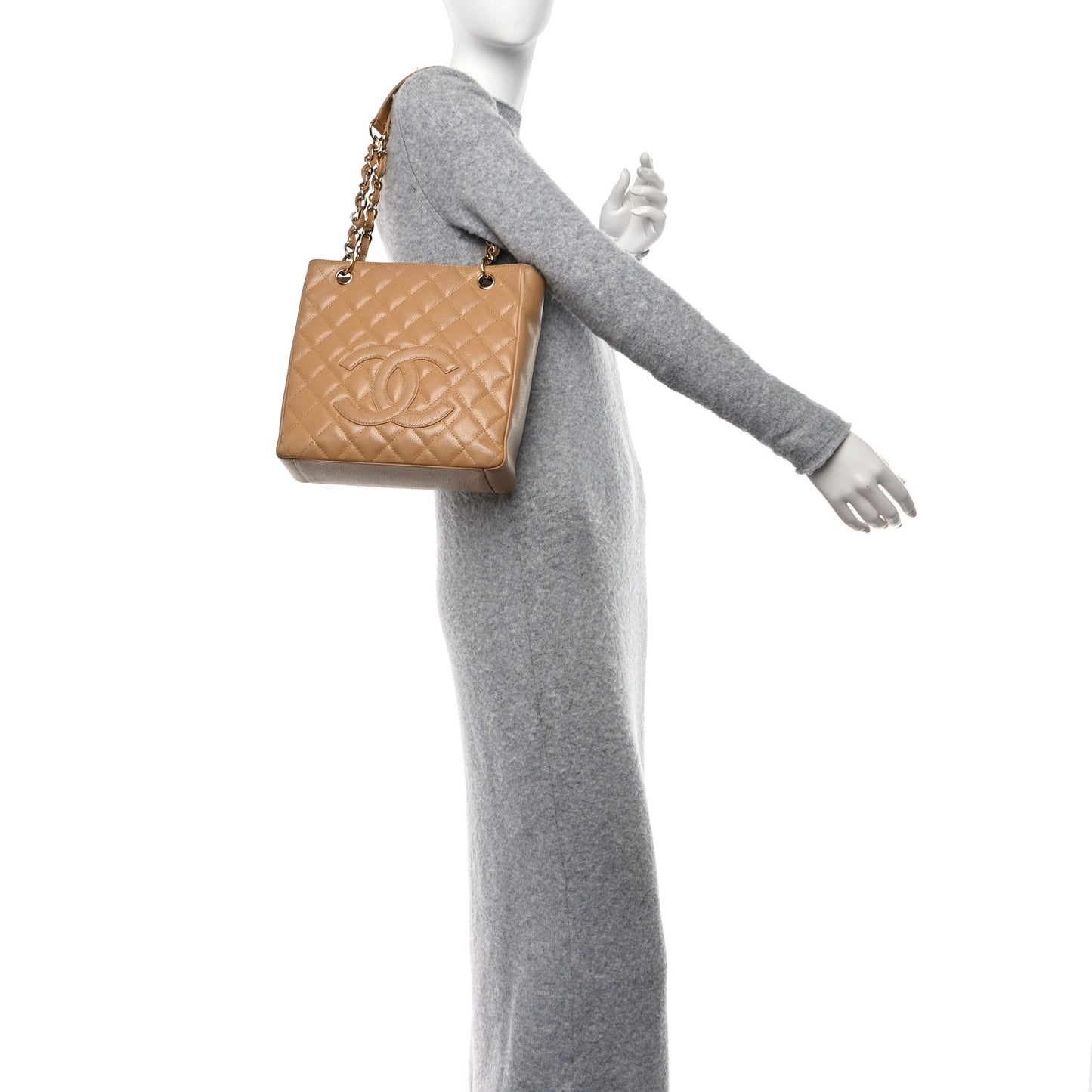 Caviar Quilted Petit Shopping Tote PST Dark Beige