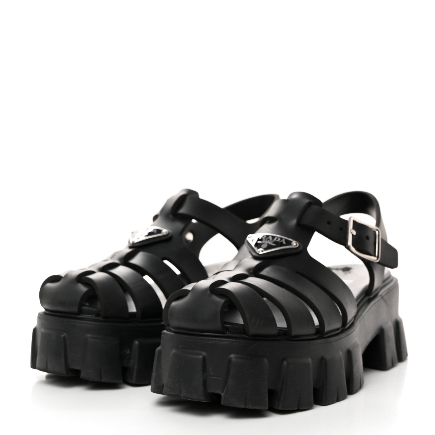 Prada Foam Rubber Triangle Logo Monolith 55mm Cage Sandals 36 Black 3 of 9