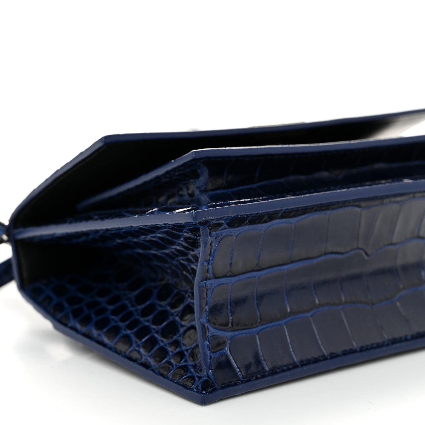 Shiny Calfskin Crocodile Embossed XS Sharp Top Handle Bag Navy