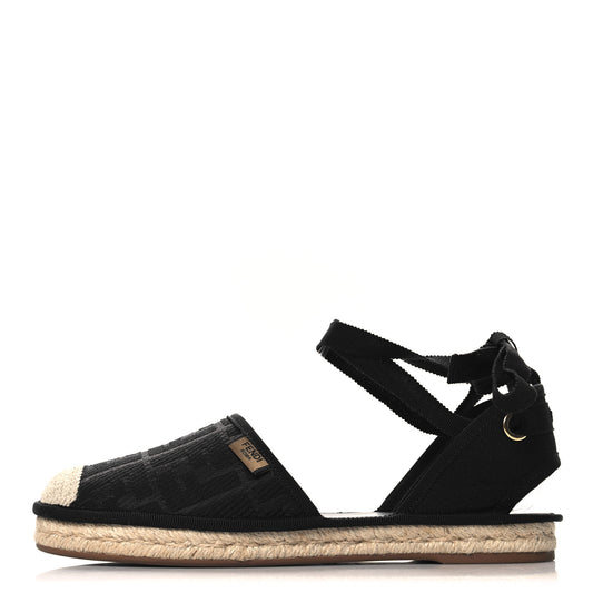Canvas FF Embroidered Roma Ankle Wrap Flat Espadrilles 40 Black