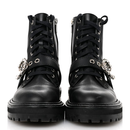 Jimmy Choo Calfskin Crystal Embellished Cora Flat Combat Boots 36 Black 3 of 8