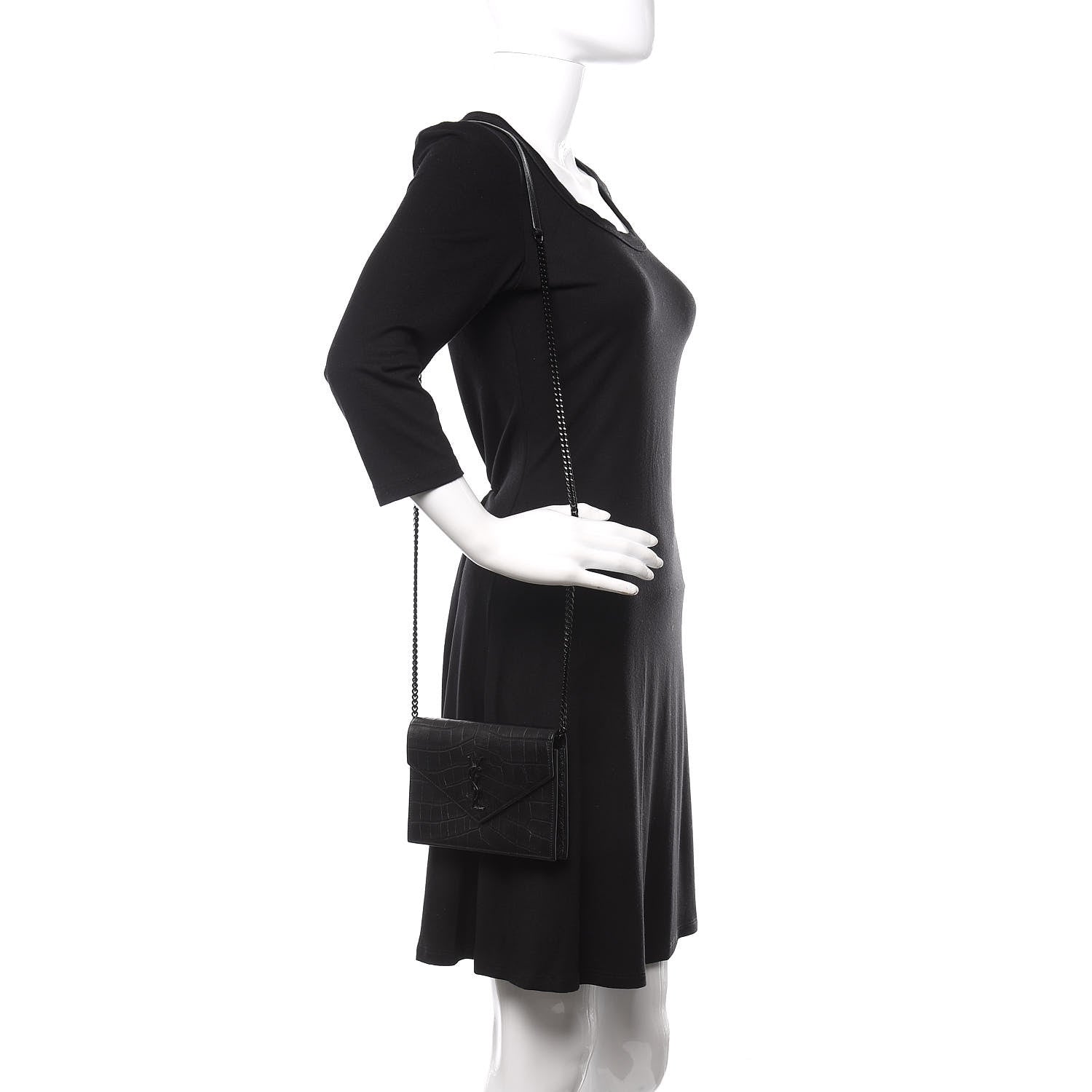 Saint Laurent Calfskin Crocodile Embossed Monogram Envelope Chain Wallet Black 2 of 10