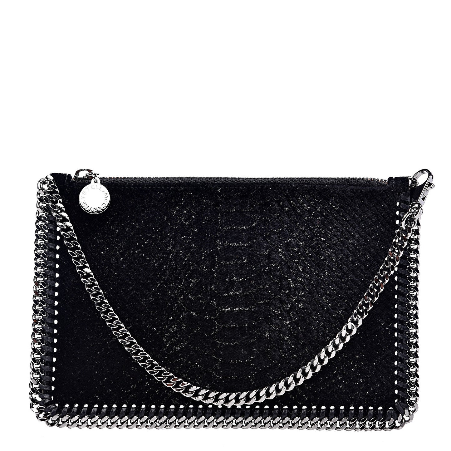 Metallic Snake Embossed Velvet Falabella Clutch Black