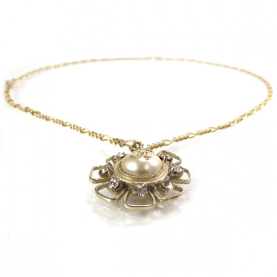 Chanel Crystal Pearl Flower CC Pendant Necklace Gold 1 of 6
