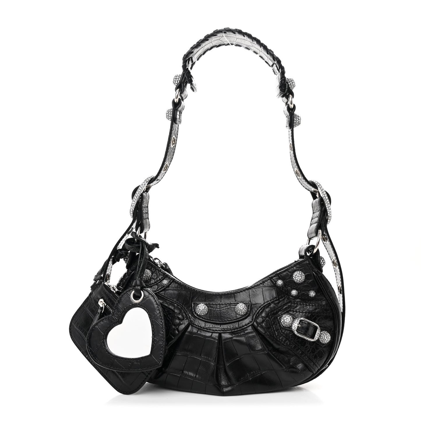 Extra Supple Calfskin Crystal Crocodile Embossed Le Cagole Shoulder Bag XS Black