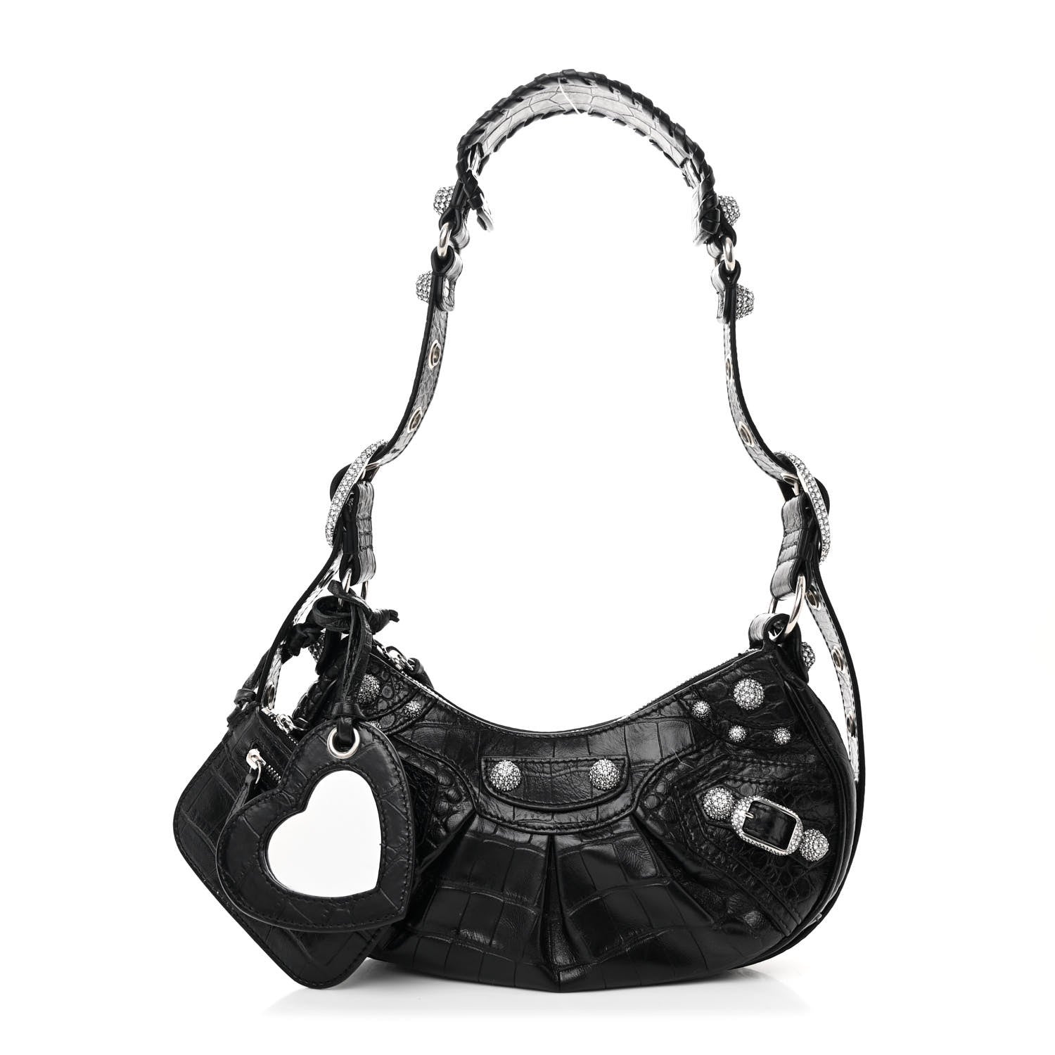 Balenciaga Extra Supple Calfskin Crystal Crocodile Embossed Le Cagole Shoulder Bag XS Black 3 of 12