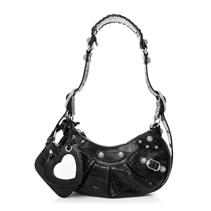 Balenciaga Extra Supple Calfskin Crystal Crocodile Embossed Le Cagole Shoulder Bag XS Black 3 of 12