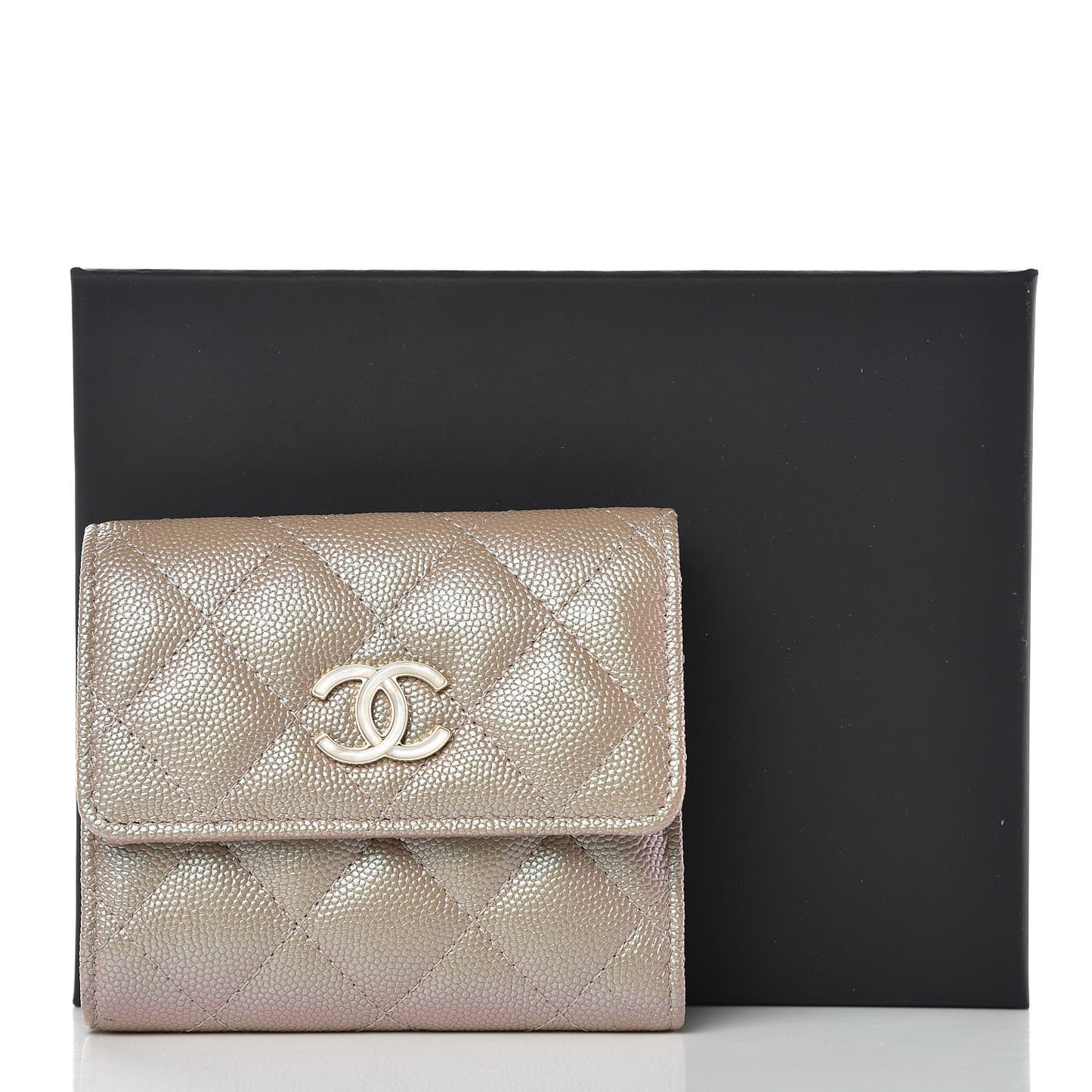 Iridescent Caviar Quilted Small Flap Wallet Beige