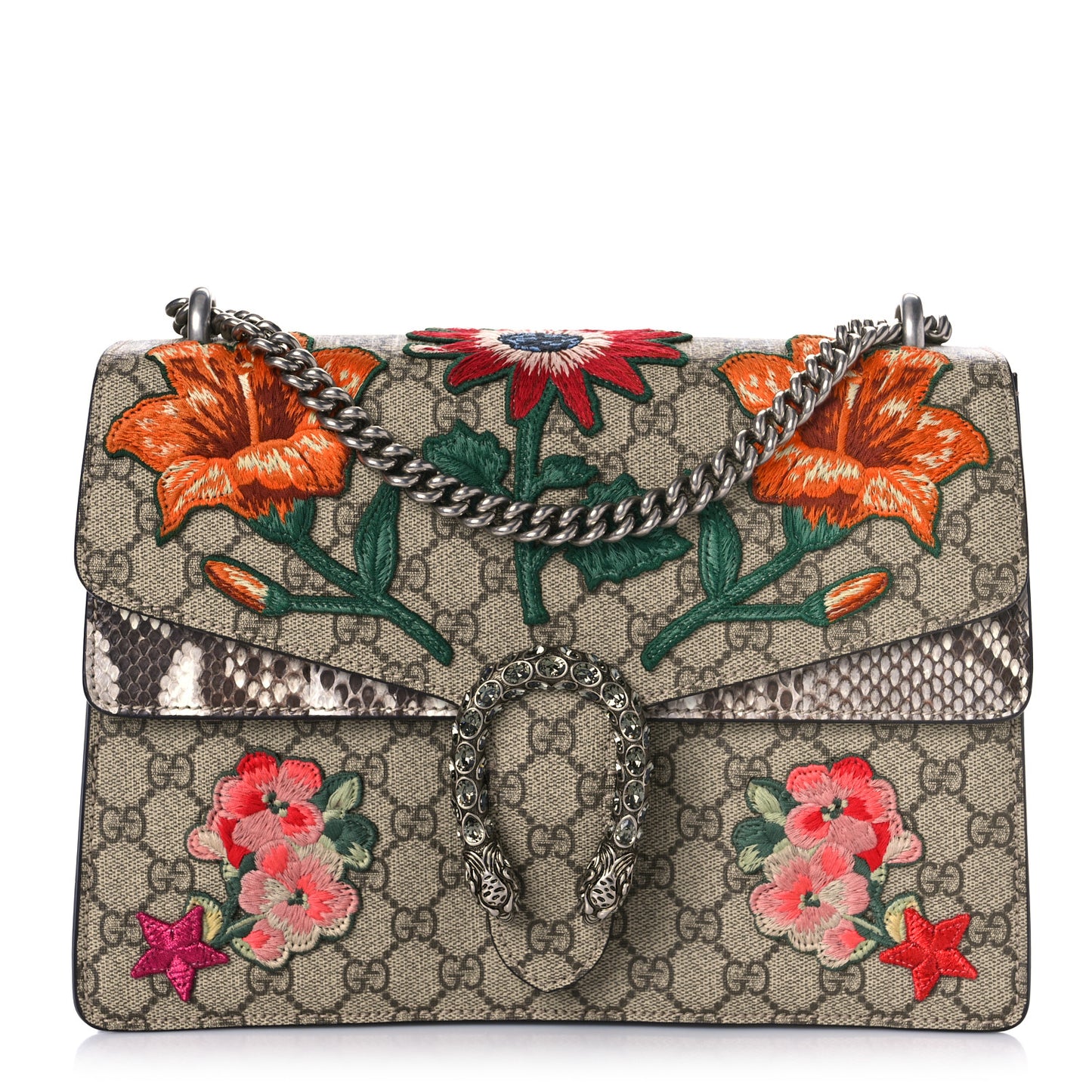 GG Supreme Monogram Snakeskin Flower Embroidered Medium Dionysus Shoulder Bag Beige Orange