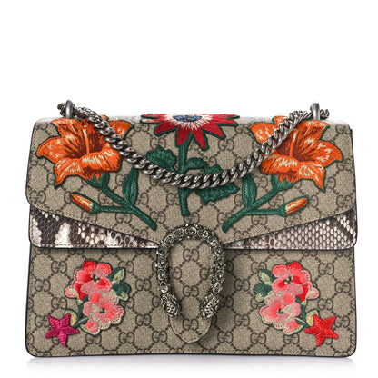Gucci GG Supreme Monogram Snakeskin Flower Embroidered Medium Dionysus Shoulder Bag Beige Orange 1 of 11