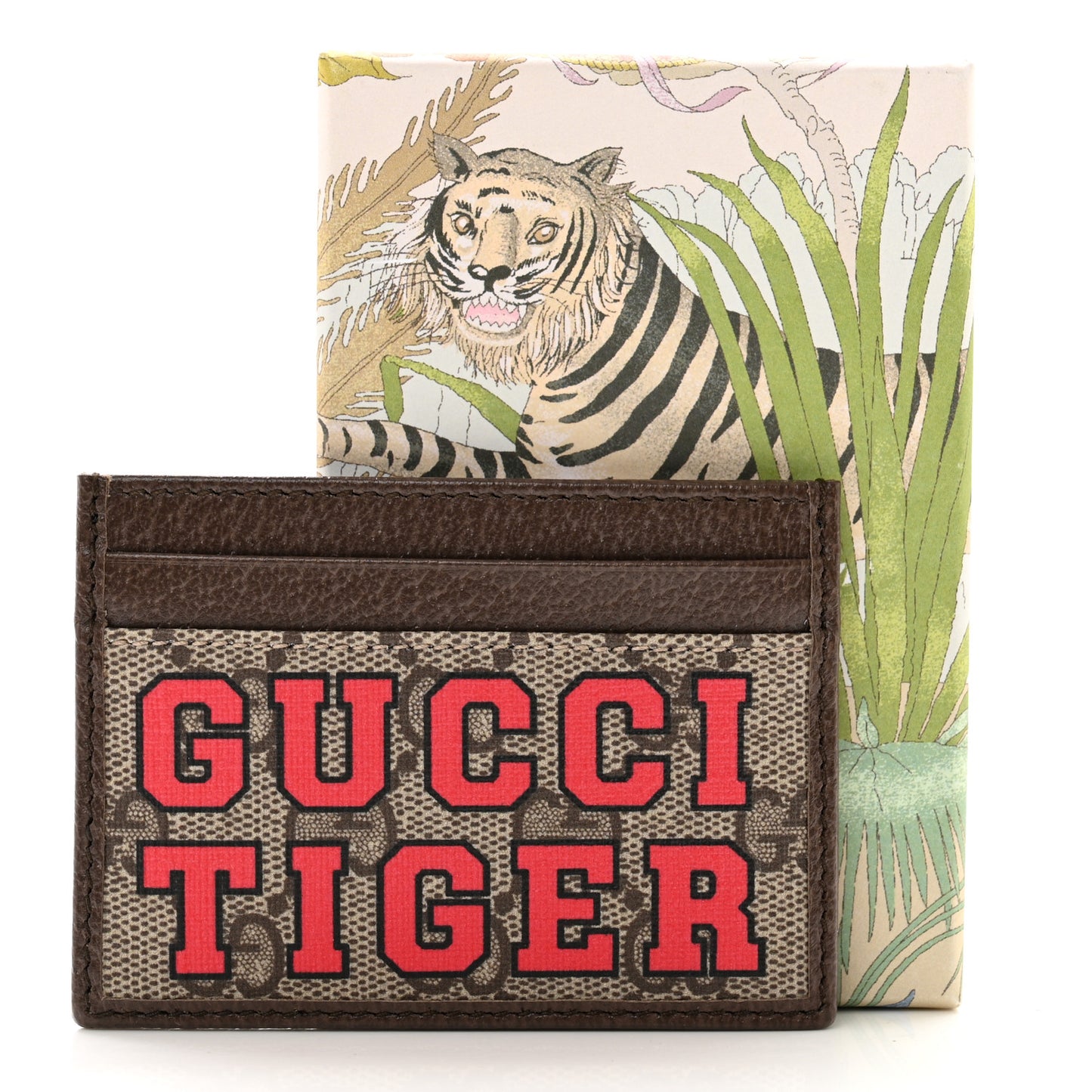 GG Supreme Monogram Textured Dollar Calfskin Web Gucci Tiger Card Holder Beige Ebony Live Red New Shamarock New Acero