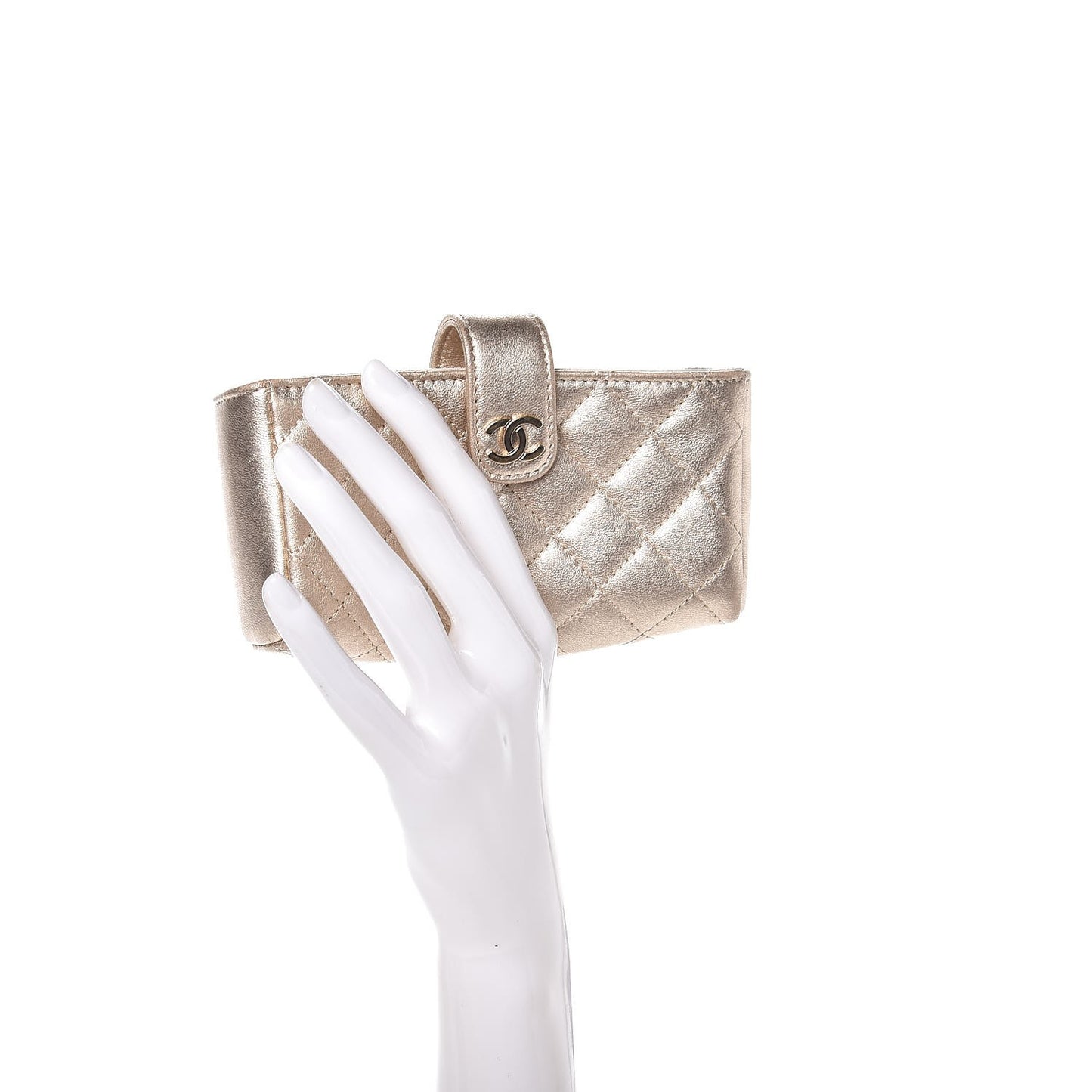 Metallic Lambskin Quilted Mini Phone Holder Clutch Light Gold