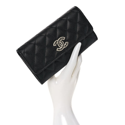 Chanel Caviar Quilted Crystal CC Large Gusset Flap Wallet Black 2 of 11