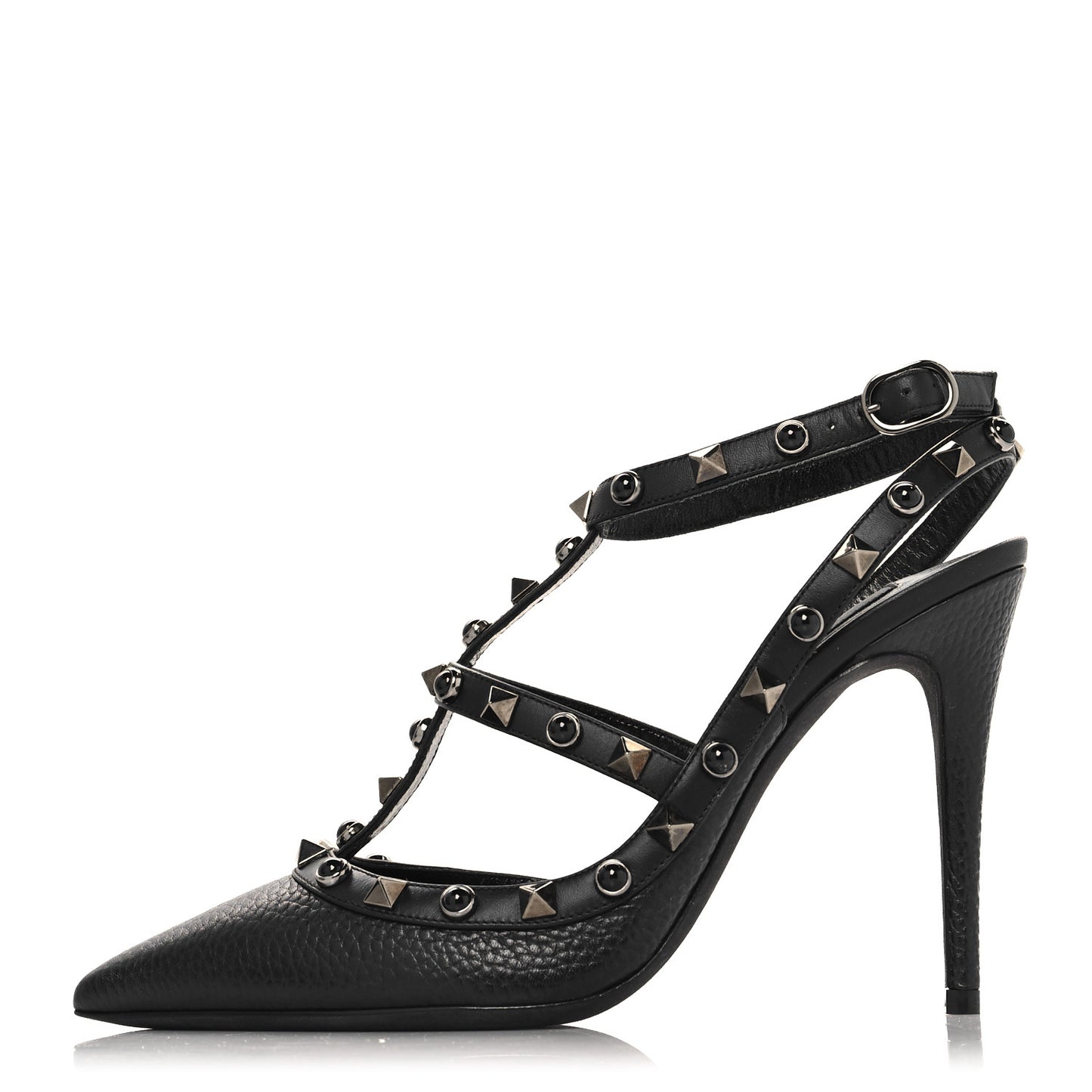 Pebbled Calfskin Onyx Rockstud Rolling Ankle Strap 100mm Pumps 37 Black
