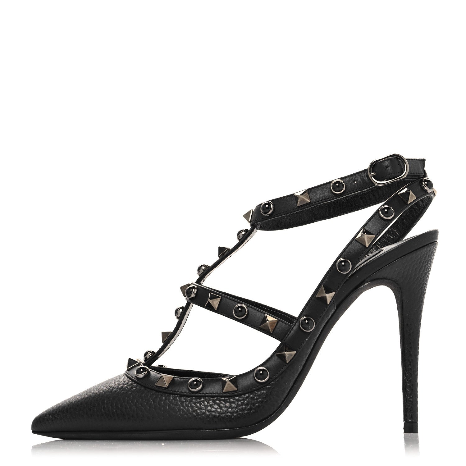 Valentino Garavani Pebbled Calfskin Onyx Rockstud Rolling Ankle Strap 100mm Pumps 37 Black 1 of 10