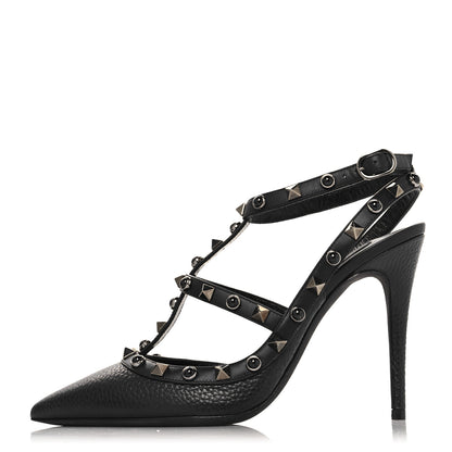 Valentino Garavani Pebbled Calfskin Onyx Rockstud Rolling Ankle Strap 100mm Pumps 37 Black 1 of 10