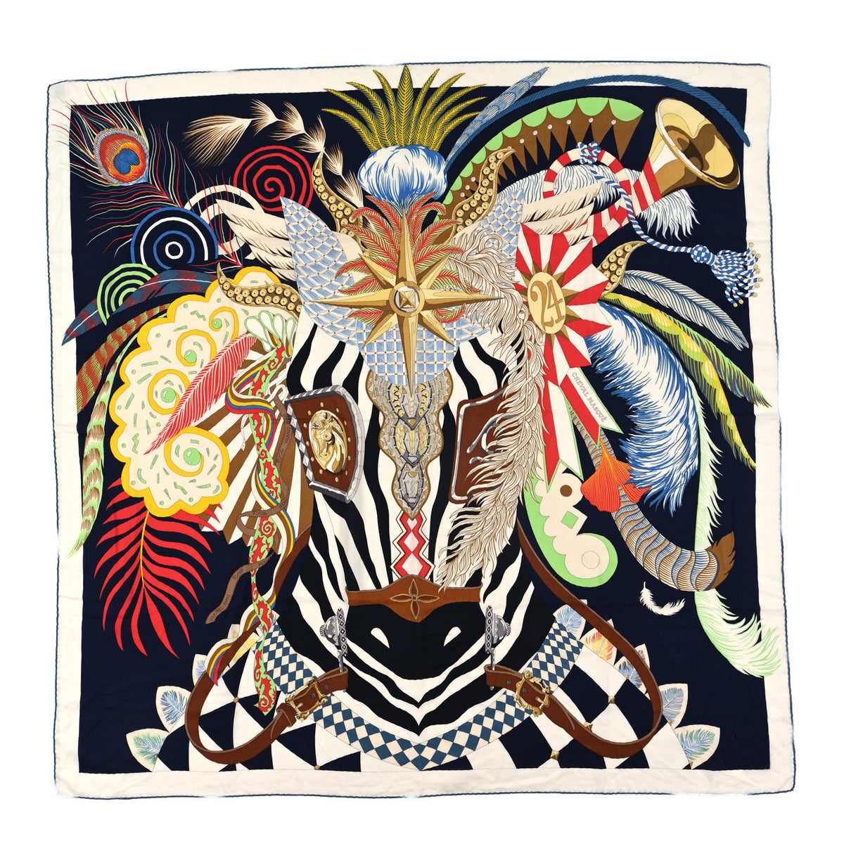 Hermes Cashmere Silk Cheval Masque Shawl 140 Bleu Marine Multicolor White 1 of 5