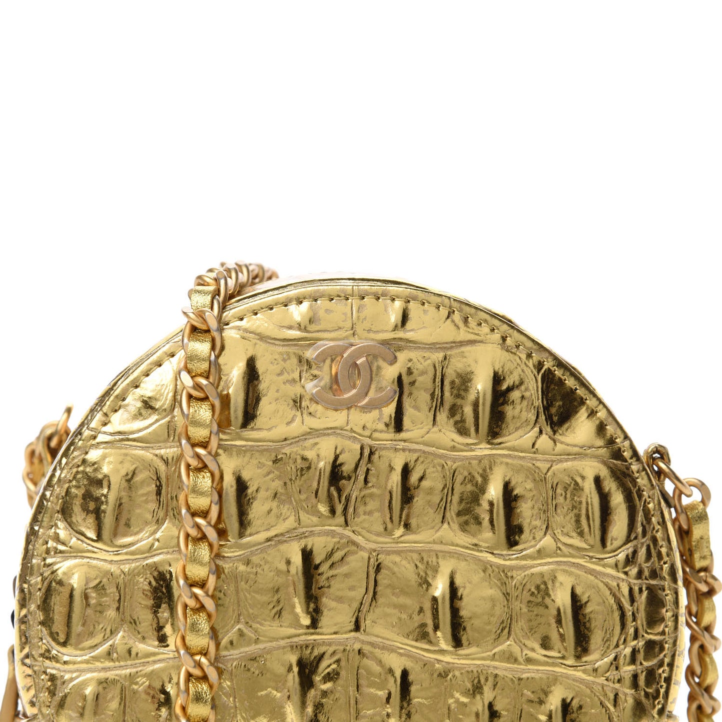 Metallic Calfskin Crocodile Embossed Cocodile Round Clutch with Chain Gold