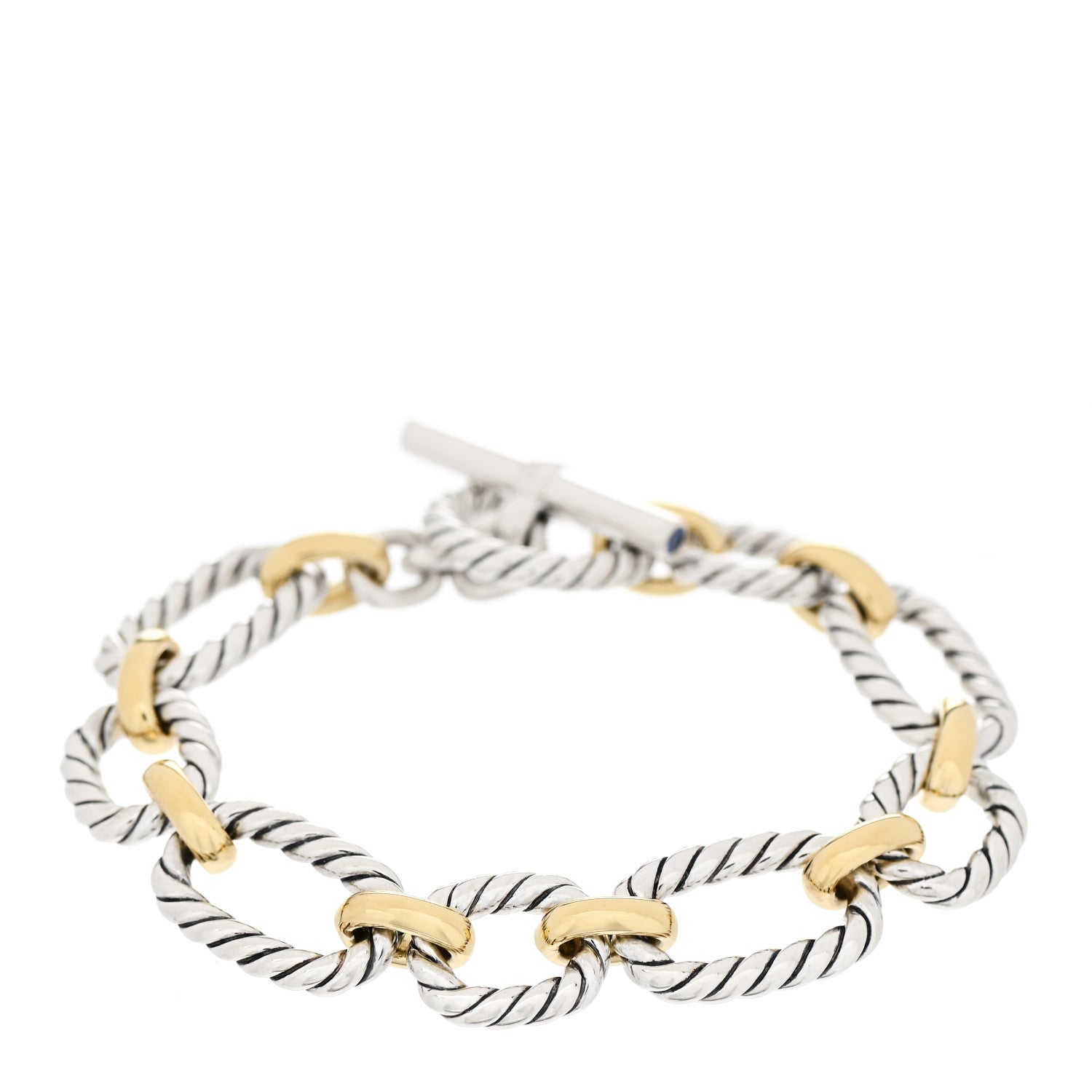 David Yurman Sterling Silver 18K Yellow Gold Blue Sapphire Cushion Link Bracelet 1 of 3