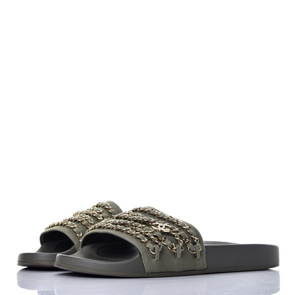 Chanel Canvas Chain Flat Sandals 41 Khaki 3 of 9