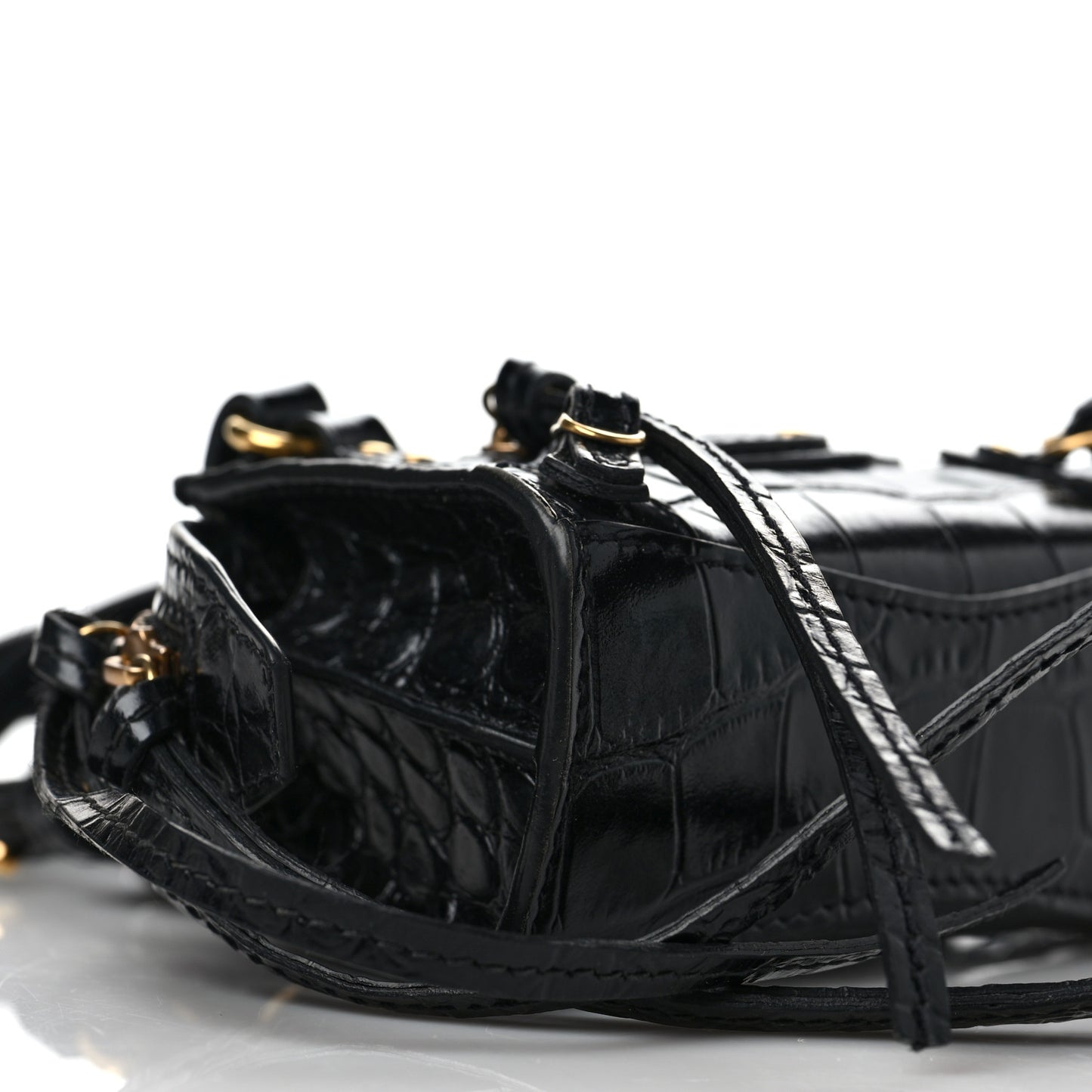 Shiny Supple Calfskin Crocodile Embossed Neo Classic Gold Hardware Super Nano City Crossbody Black