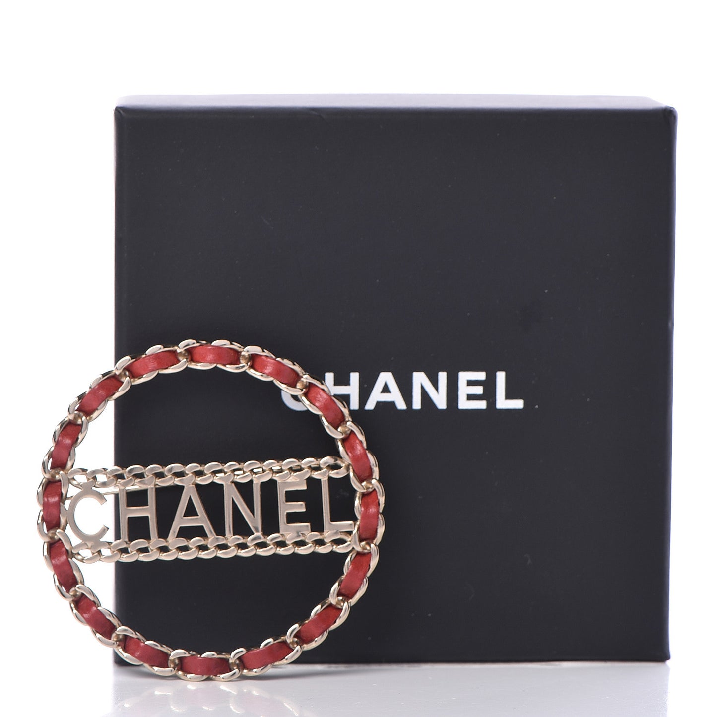 Lambskin Chain Logo Brooch Red Gold