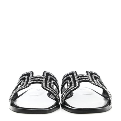 Hermes Suede Goatskin Crystal Oran Sandals 36 Black Argent 2 of 9