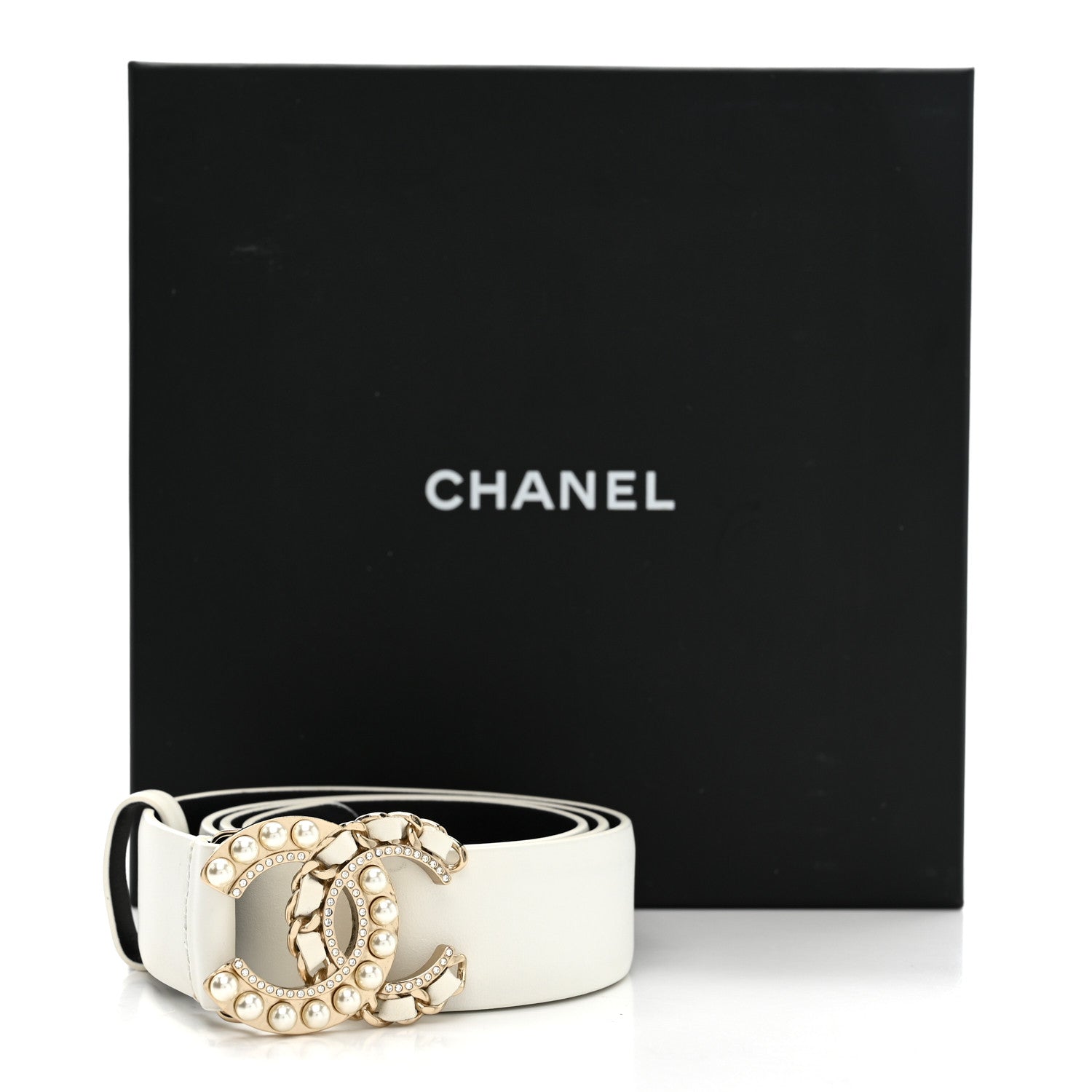 CHANEL ホワイト ラバーベルト Chanel Lambskin Crystal Pearl CC Belt 75 30 White 1878762