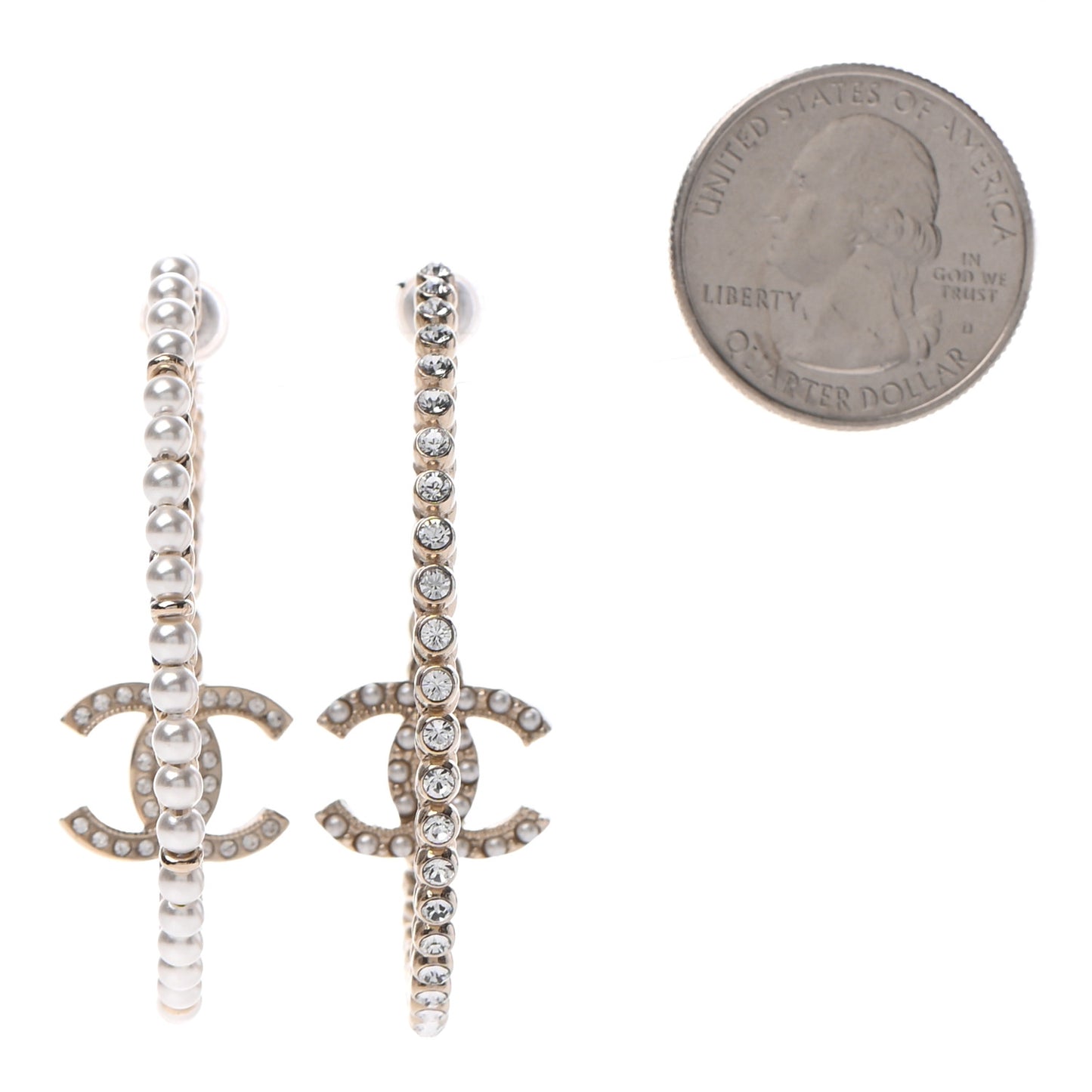 Crystal Pearl CC Drop Hoop Earrings Gold Pearly White