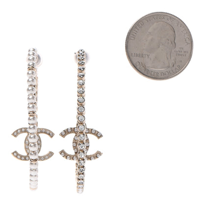 Chanel Crystal Pearl CC Drop Hoop Earrings Gold Pearly White 2 of 6