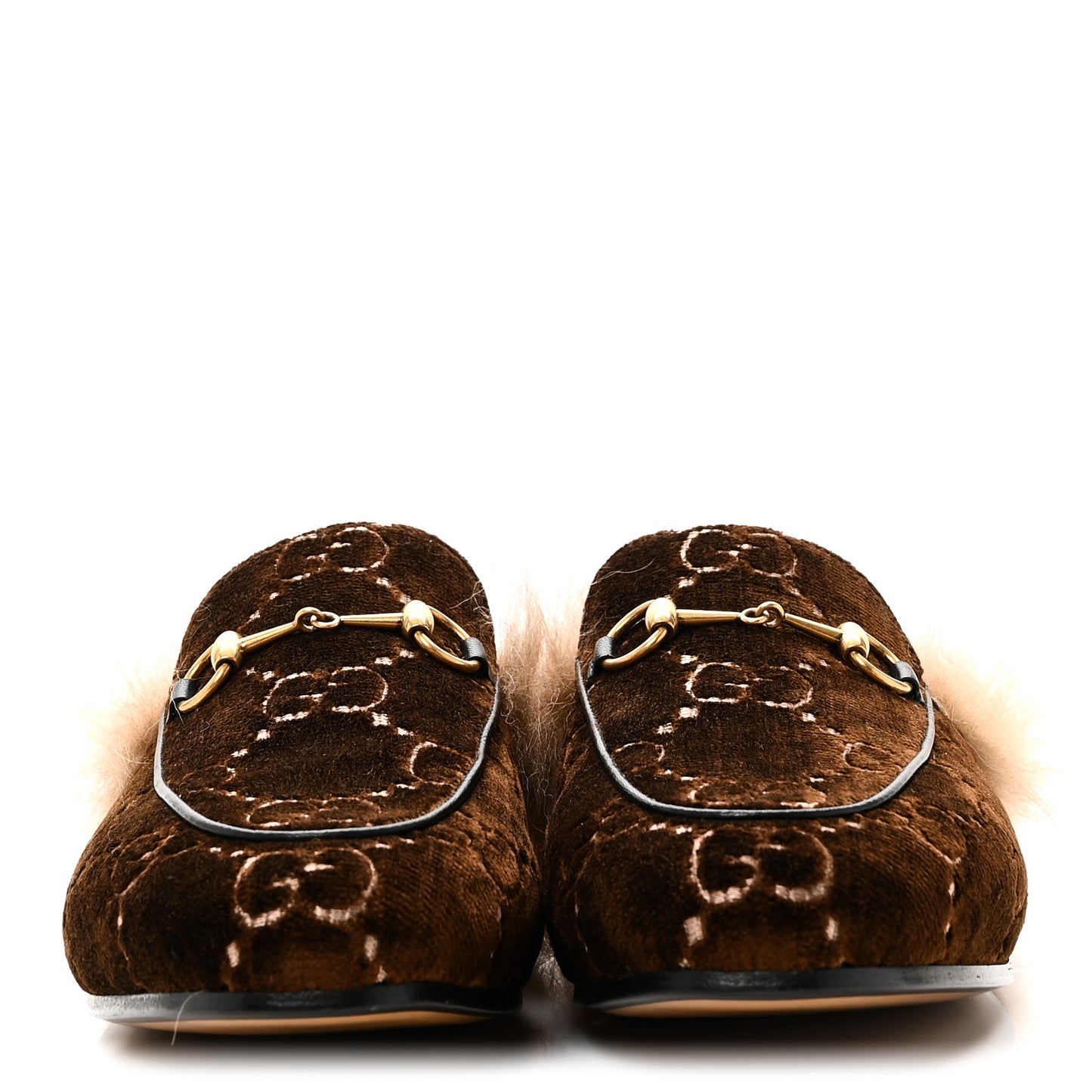 Velvet GG Monogram Fur Womens Princetown Slippers 38 Brown Black Natural