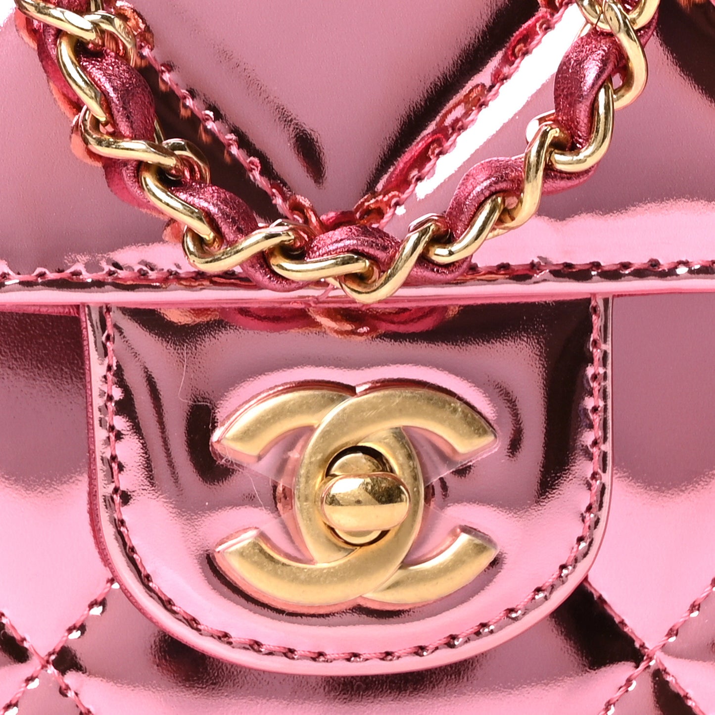 Mirror Metallic Calfskin Quilted Mini Top Handle Flap Pink