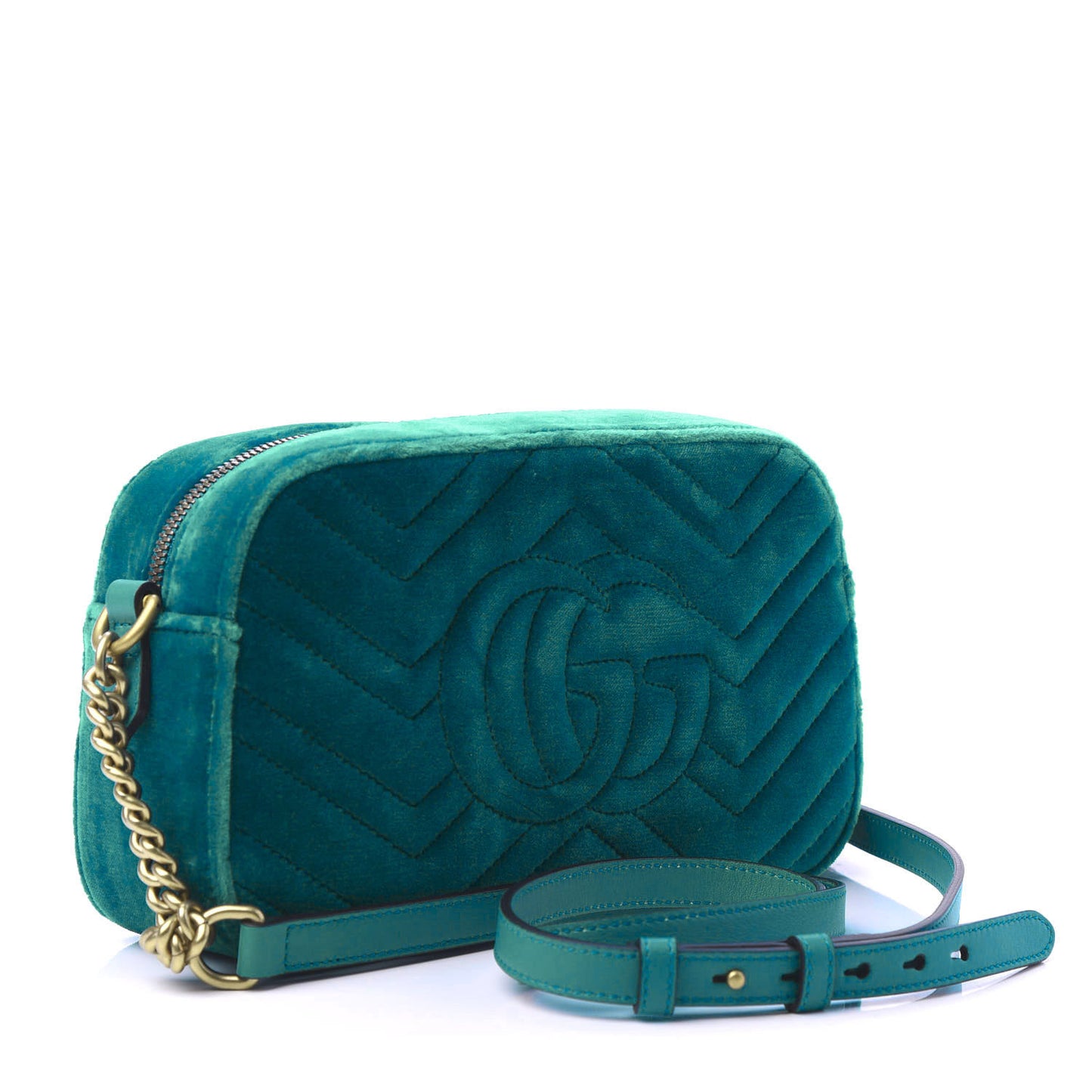 Velvet Matelasse Small GG Marmont Chain Shoulder Bag Pavone Cyan