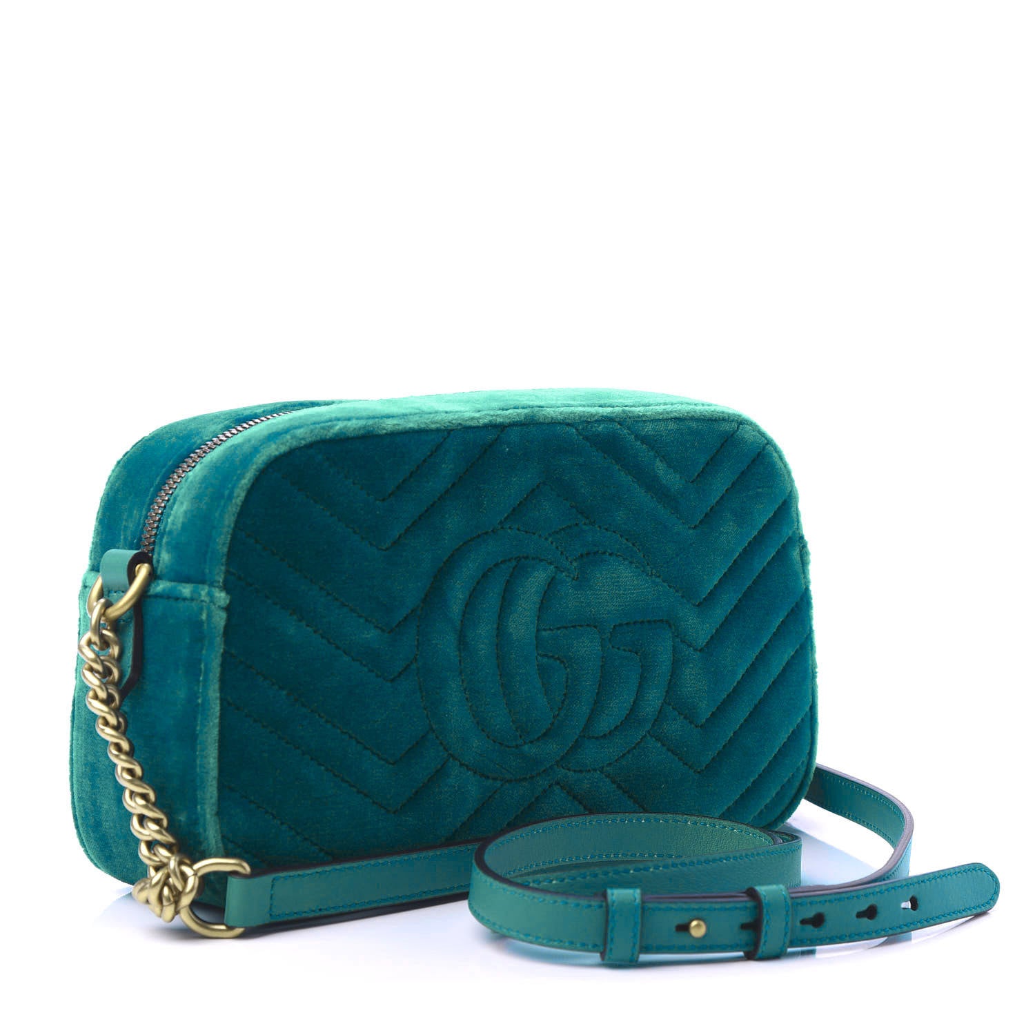 Gucci Velvet Matelasse Small GG Marmont Chain Shoulder Bag Pavone Cyan 3 of 11