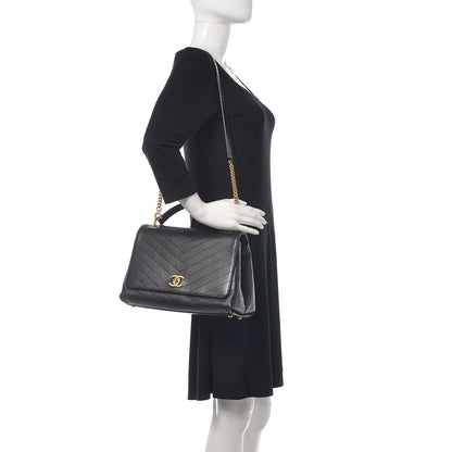 Chanel Grained Calfskin Elaphe Stitched Medium Chevron Chic Top Handle Flap Black 2 of 13